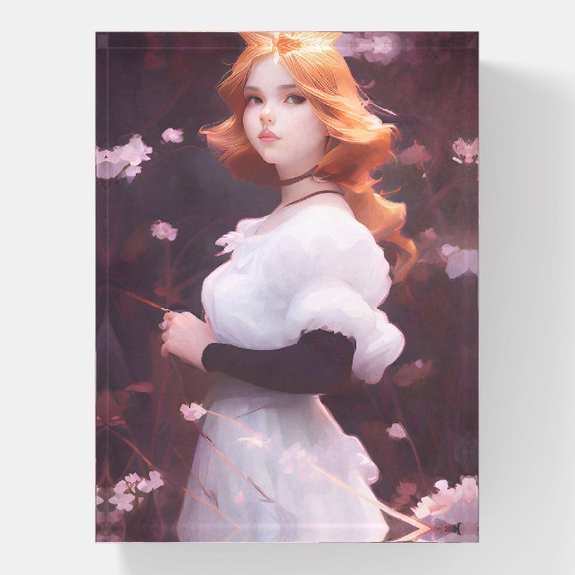 Beautiful Young Girl Amongst Pink Flowers Portrait Paperweight (Vertical)