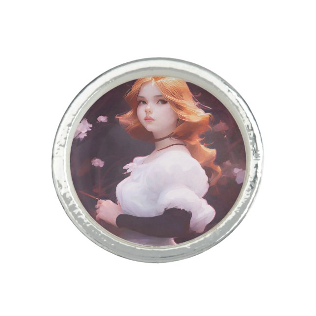 Beautiful Young Girl Amongst Pink Flowers Portrait Ring (Front)
