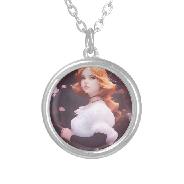 Beautiful Young Girl Amongst Pink Flowers Portrait Silver Plated Necklace (Front)