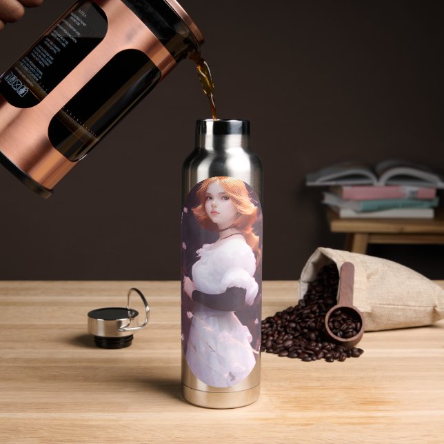 Beautiful Young Girl Amongst Pink Flowers Portrait Water Bottle (Coffee)