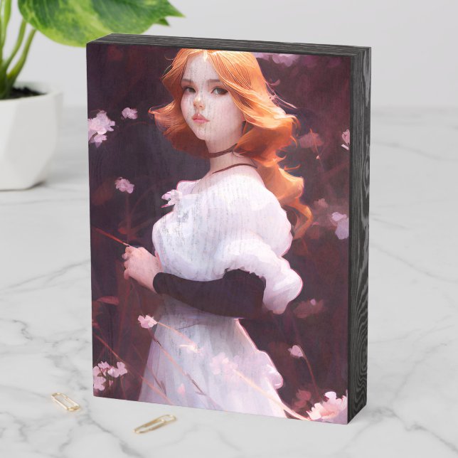 Beautiful Young Girl Amongst Pink Flowers Portrait Wooden Box Sign (In Situ Vertical)
