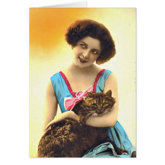 Beautiful Young Girl and Her Cat Cards (Front)