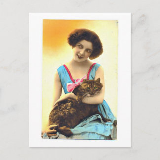 Beautiful Young Girl and Her Cat Postcard