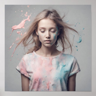 Beautiful young girl, monotone, splashes of Colors Poster