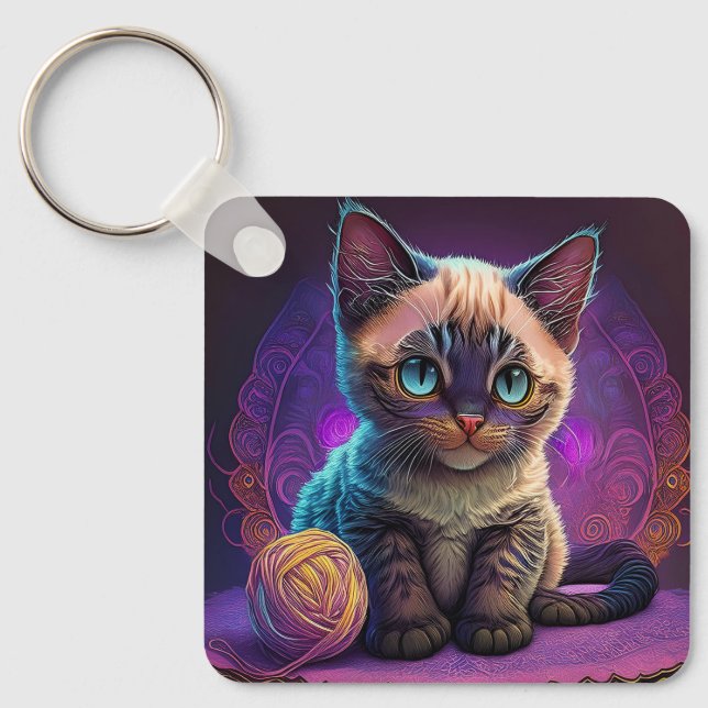 Beautiful Young Kitty With Yarn Ball Keychain (Front)