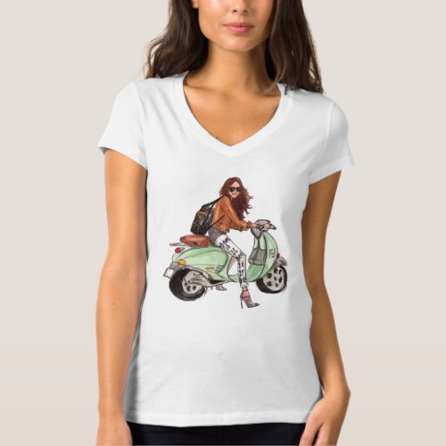 Beautiful Young Woman on Moped _ Fashionista T_Shirt