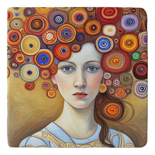 Beautiful Young Woman with Abstract Fllwers Incipi Trivet