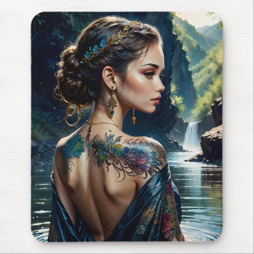 Beautiful young woman with tatoo on her shoulder  mouse pad