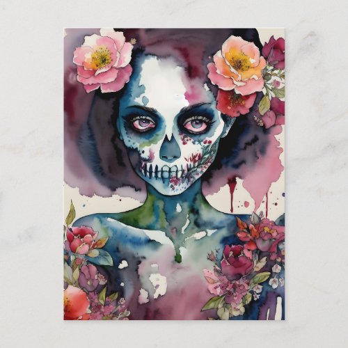 Beautiful Zombie Floral Watercolor Art Postcard