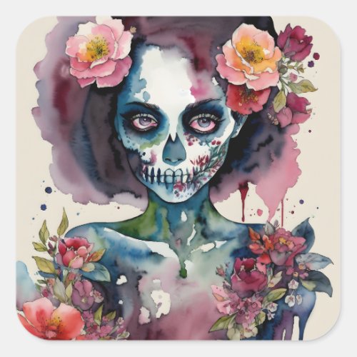 Beautiful Zombie Floral Watercolor Art Square Sticker