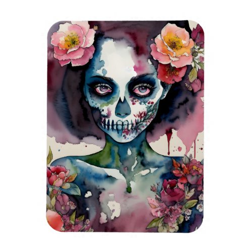 Beautiful Zombie Floral Watercolor Portrait Magnet