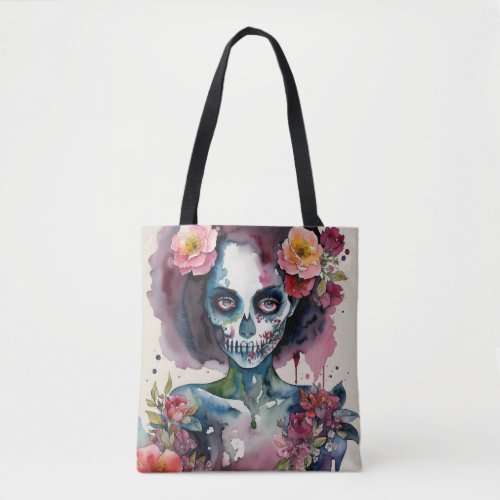 Beautiful Zombie Floral Watercolor Portrait Tote Bag