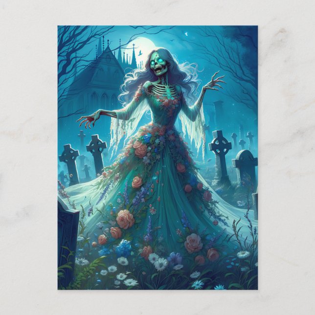 Beautiful Zombie in Graveyard Holiday Postcard (Front)