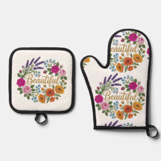 Beautifull flower bouquet oven mitt & pot holder set