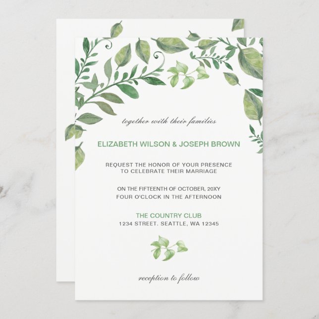 Beautifully botanical greenery wedding Invitations (Front/Back)