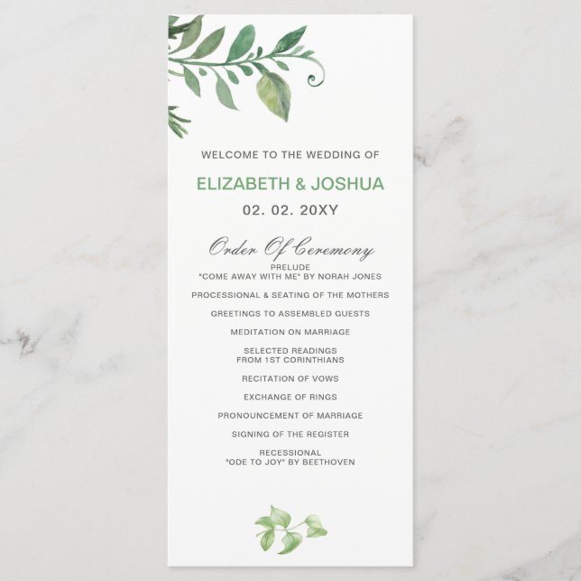 Beautifully botanical greenery wedding Programs (Front)
