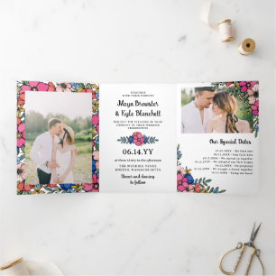 Beautifully Colorful Floral Summer Spring Wedding Tri-Fold Invitation