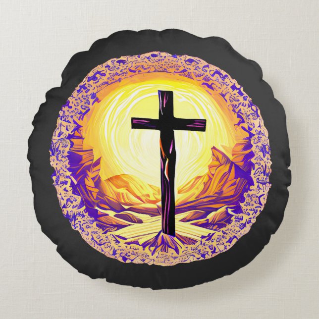 Beautifully Detailed Christian Cross Round Pillow (Front)