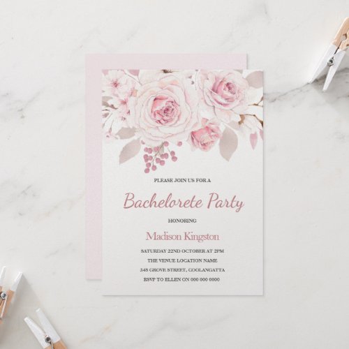 Beautifully Elegant Blush Roses Bachelorette Party Invitation