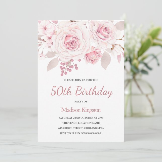Beautifully Elegant Blush Roses Womans 50th Invitation (Standing Front)