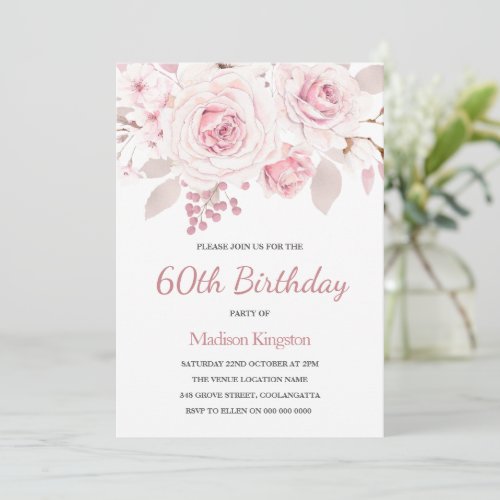 Beautifully Elegant Roses Womans 60th Birthday Invitation