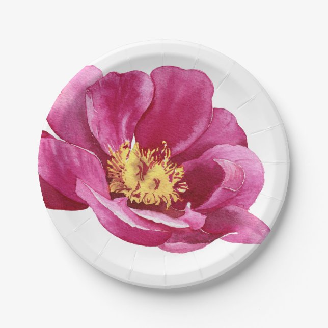 Beautifully hand painted pink peony  paper plates (Front)