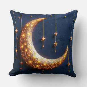 Beautifully illuminated crescent moon throw pillow