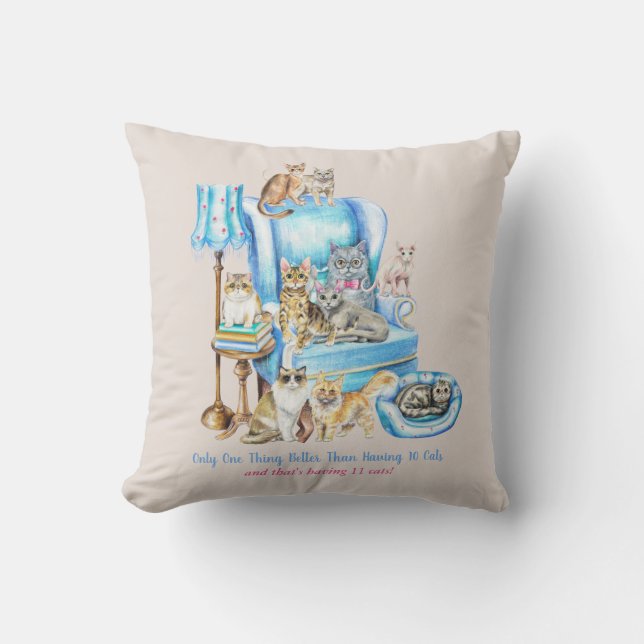 Beautifully Illustrated Crazy Baout Cats Cat Mom Throw Pillow (Front)