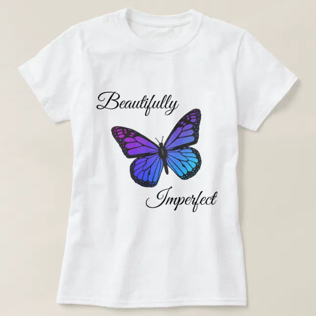 A white t-shirt with a purple and blue butterfly print.