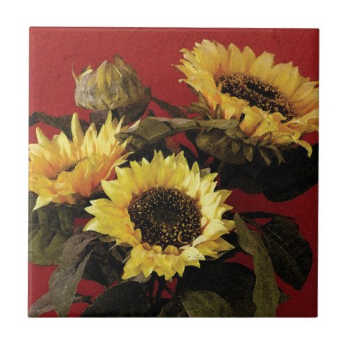 Beautifully painted sunflower ceramic tile