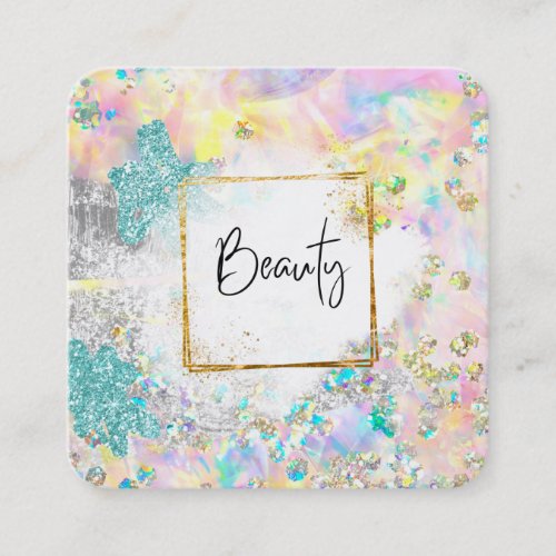  BEAUTY Abstract Glitter Frame Pastel Rainbow Square Business Card