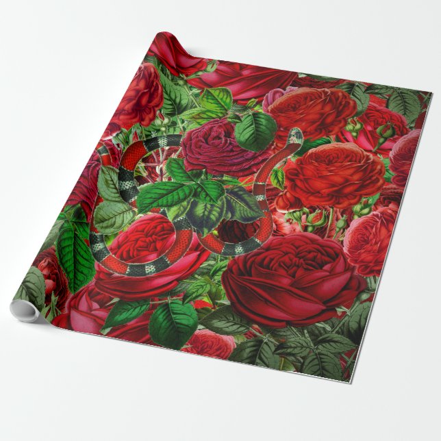 Beauty And Beast - Snake and Rose Flower Pattern Wrapping Paper (Unrolled)