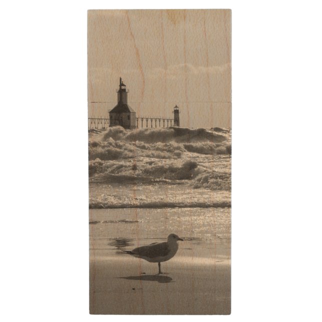 Beauty And Force Grayscale Wood Flash Drive (Front Vertical)