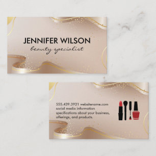 Beauty and Makeup   Gold Beige Ribbon Business Card