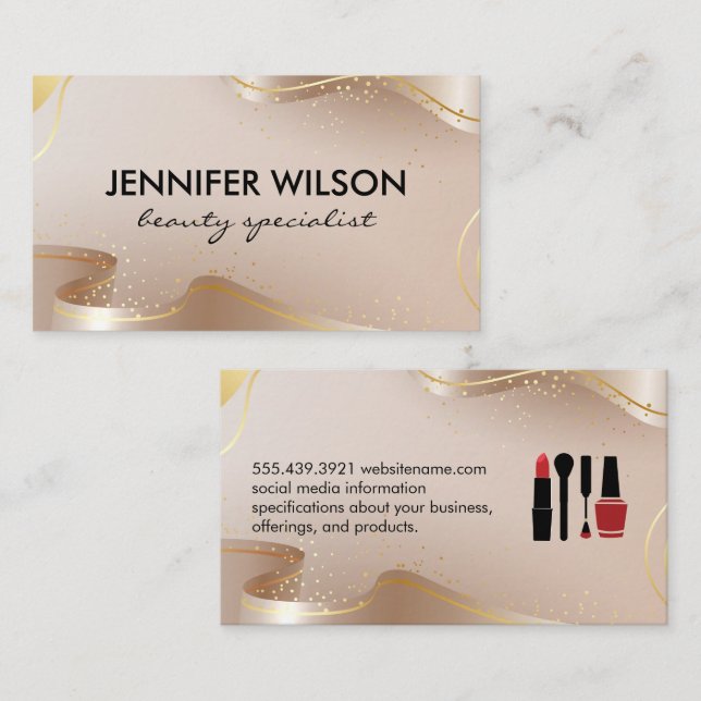 Beauty and Makeup | Gold Beige Ribbon Business Card (Front/Back)