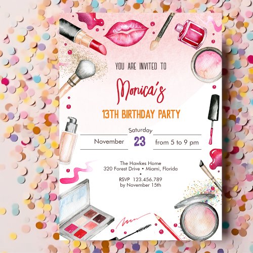 Beauty and makeup spa birthday party invitation