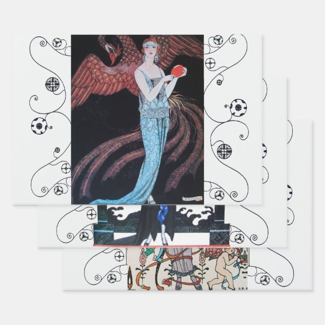 BEAUTY AND PHOENIX Art Deco Woman Fashion Wrapping Paper Sheets (Set)
