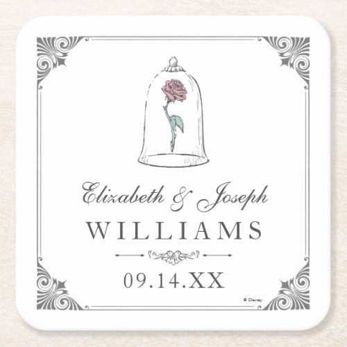 Beauty and the Beast  Enchanted Rose Wedding Square Paper Coaster