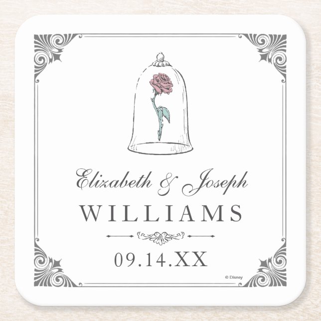 Beauty and the Beast | Enchanted Rose Wedding Square Paper Coaster (Front)