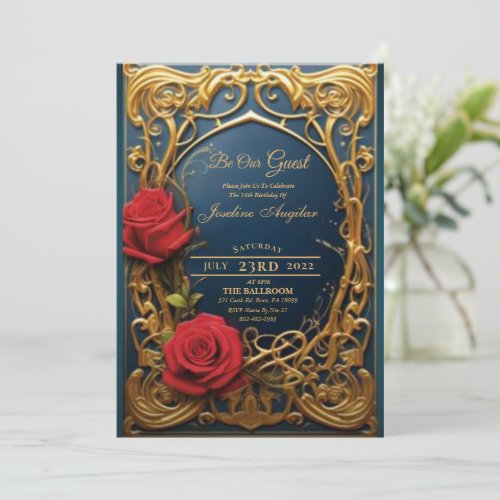 Beauty and the Beast Gold and Red Rose Sweet 16  Invitation