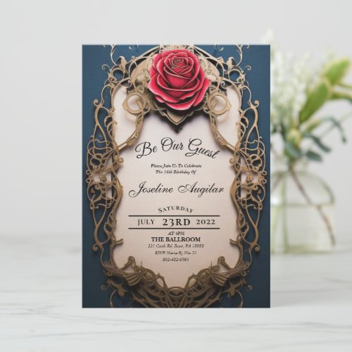 Beauty and the Beast Gold and Red Rose Sweet 16 Invitation