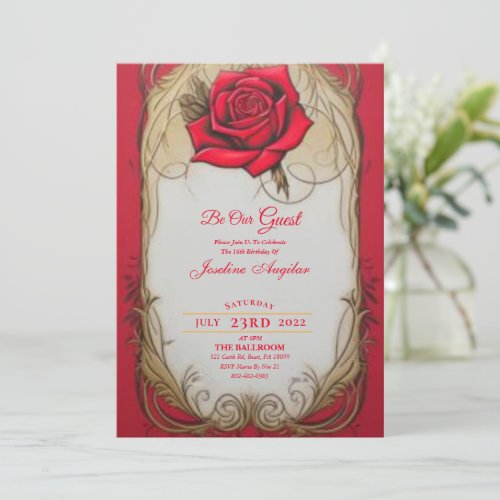 Beauty and the Beast Gold and Red Rose Sweet 16 Invitation