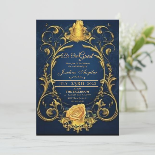 Beauty and the Beast Gold Rose Sweet 16  Invitation (Standing Front)