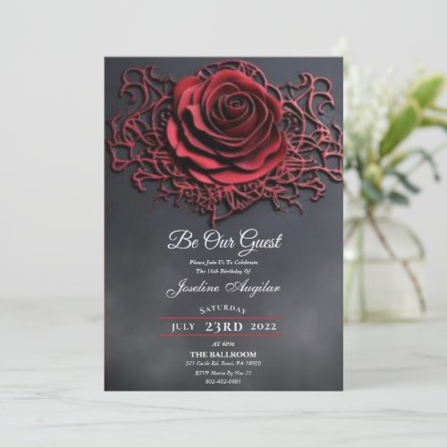 Beauty and the Beast Gothic Red Rose Sweet 16 Invitation
