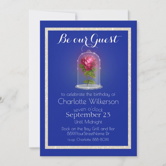 Beauty and the Beast Magic Rose on Blue  Invitatio Invitation (Front)