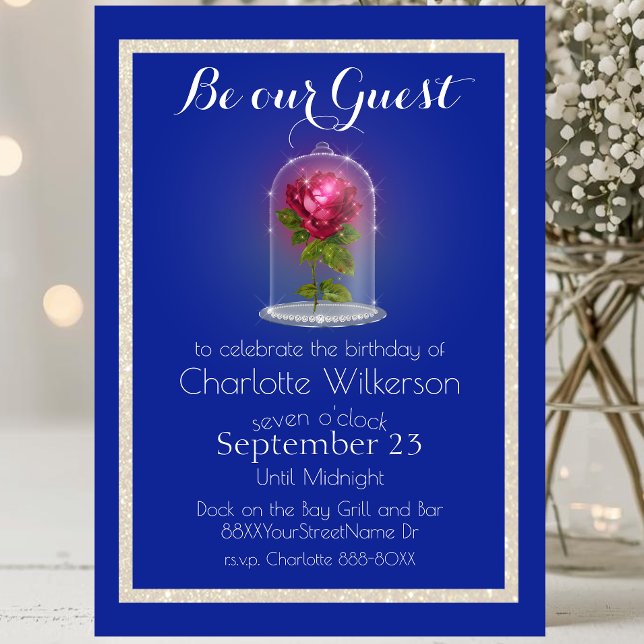 Beauty and the Beast Magic Rose on Blue  Invitatio Invitation (Creator Uploaded)