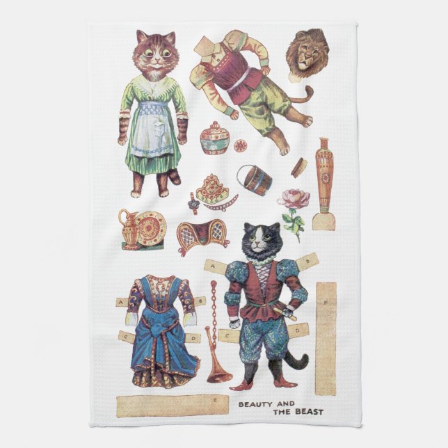 Beauty and the Beast, Paper Doll, Louis Wain Kitchen Towel (Vertical)