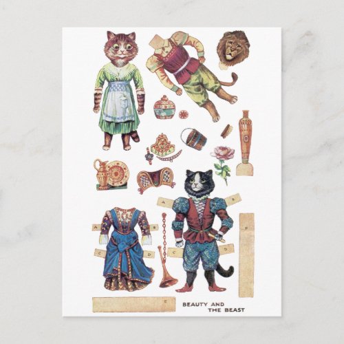 Beauty and the Beast Paper Doll Louis Wain Postcard