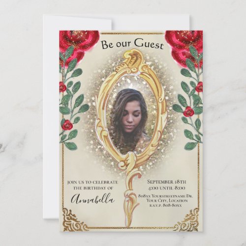 Beauty and the Beast Photo Mirror and Red Roses In Invitation