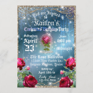 Beauty and the Beast Red Rose Enchanted Birthday Invitation